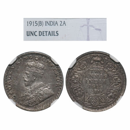 George V, Silver, 2 Annas, 1915, Bombay Mint, Dot, Elephant. F. Prid 574. GK 1115. NGC Sla