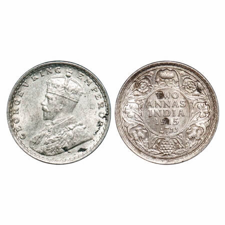 George V, Silver, 2 Annas, 1915, Bombay Mint, Dot, Elephant. F. Prid 574. GK 1115. Almost 