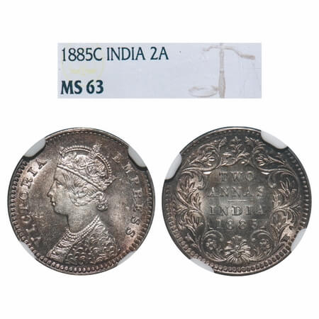 Victoria Empress, Silver, 2 Annas, 1885, Calcutta Mint, B/II, 'C' incused. F. Prid 500. GK