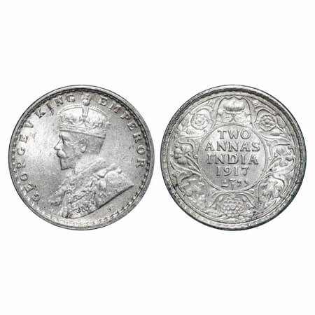 George V, Silver, 2 Annas, 1917, Calcutta Mint, No dot, Elephant. F. Prid 570. GK 1117. Un