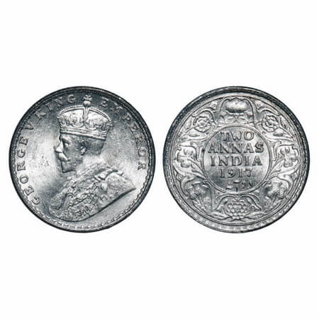 George V, Silver, 2 Annas, 1917, Calcutta Mint, No dot, Elephant, Ghost on Rev. F. Prid 57