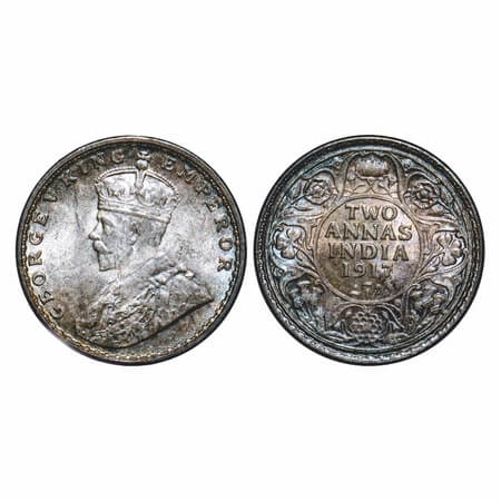 George V, Silver, 2 Annas, 1917, Calcutta Mint, No dot, Elephant. F. Prid 570. GK 1117. Br