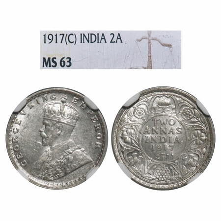 George V, Silver, 2 Annas, 1917, Calcutta Mint, No dot, Elephant. F. Prid 570. GK 1117 NGC