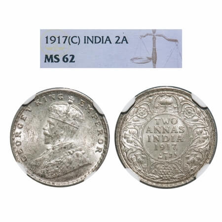 George V, Silver, 2 Annas, 1917, Calcutta Mint, No dot, Elephant. F. Prid 570. GK 1117 NGC