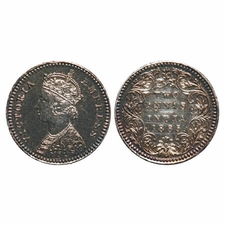 Victoria Empress, Silver, 2 Annas, 1885, Calcutta Mint, B/II, 'C' incused. F. Prid 500. GK