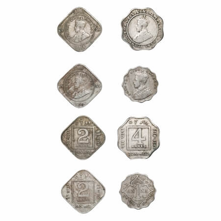 George V, Copper-Nickel, (4 coins), 1) 4 Annas, 1920, Calcutta Mint, No dot, 2) 2 Annas, 1