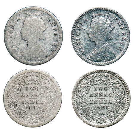 Victoria Empress, Silver, 2 Annas, (2 coins), 1885, 1886, Calcutta Mint, B/II, 'C' incused