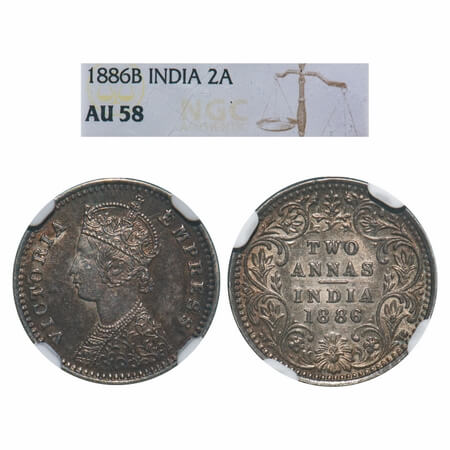 Victoria Empress, Silver, 2 Annas, 1886, Bombay Mint, B/II, 'B' incused. F. Prid 539. GK 7