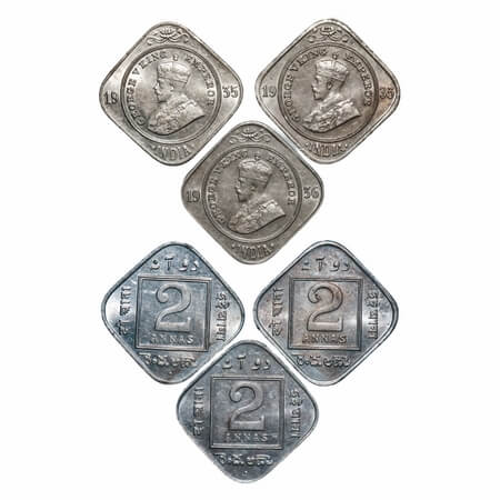 George V, Copper-Nickel, 2 Annas, (3 coins), 1) 1935, Calcutta Mint, No dot, 2) 1935, Bomb