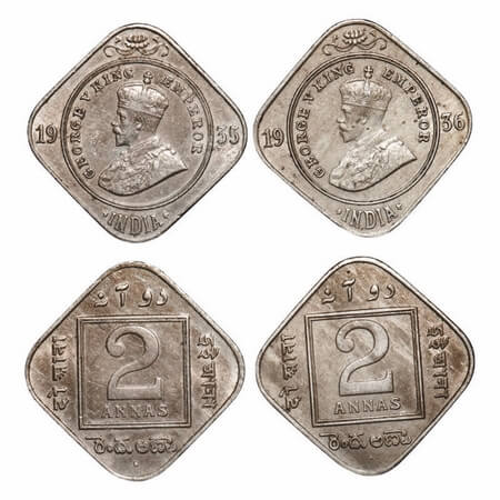George V, Copper-Nickel, 2 Annas, (2 coins), 1935, 1936, Bombay Mint, Dot. F. Prid 902, 90