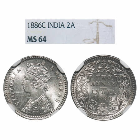 Victoria Empress, Silver, 2 Annas, 1886, Calcutta Mint, B/II, 'C' incused. F. Prid 501. GK