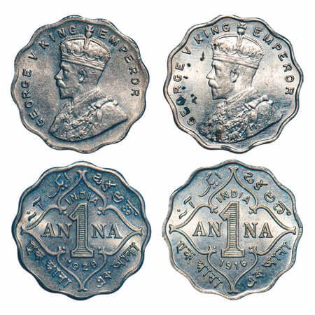 George V, Copper-Nickel, 1 Anna, (2 coins), 1) 1916, Bombay Mint, No dot, 2) 1929, Calcutt