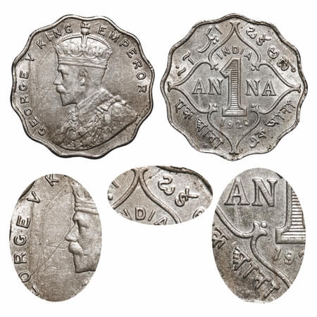 George V, Copper-Nickel, 1 Anna, 1920, Bombay Mint, No dot, Multiple struck through Error 