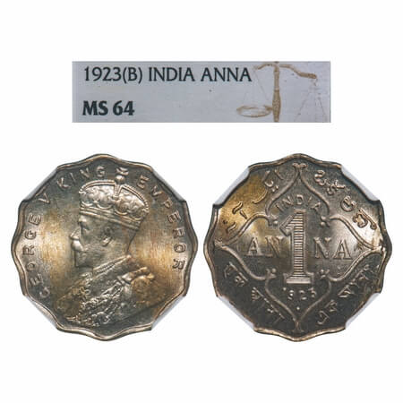 George V, Copper-Nickel, 1 Anna, 1923, Bombay Mint, Dot. F. Prid 951. GK 1151. NGC Slabbed
