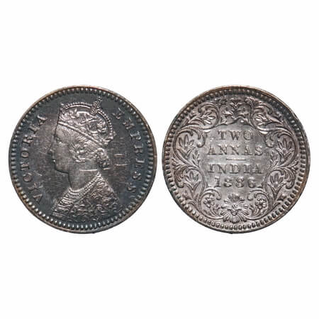 Victoria Empress, Silver, 2 Annas, 1886, Calcutta Mint, B/II, 'C' incused. F. Prid 501. GK