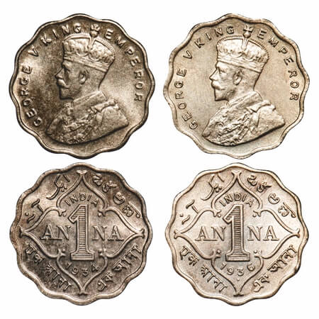 George V, Copper-Nickel, 1 Anna, (2 coins), 1) 1934, Calcutta Mint, No dot, 2) 1936, Bomba