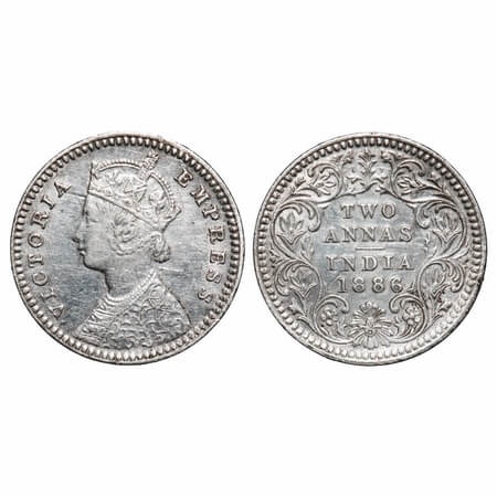 Victoria Empress, Silver, 2 Annas, 1886, Calcutta Mint, B/II, 'C' incused, Ghost on Rev. F