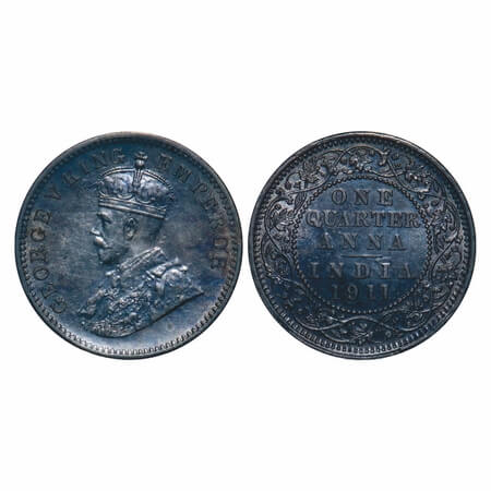 George V, Bronze, Quarter Anna, 1911, Calcutta Mint, No dot, Pig-type. F. Prid 656. GK 117