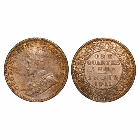 George V, Bronze, Quarter Anna, 1911, Calcutta Mint, No dot, Pig-type. F. Prid 656. GK 117