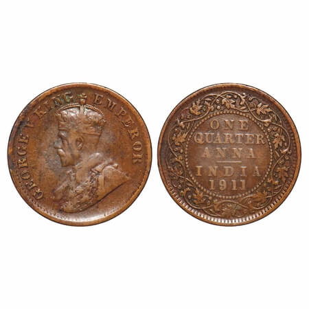 George V, Bronze, Quarter Anna, 1911, Calcutta Mint, No dot, Pig-Type. F. Prid 656. GK 117