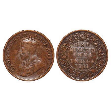 George V, Bronze, Quarter Anna, 1911, Calcutta Mint, No dot, Pig-Type. F. Prid 656. GK 117