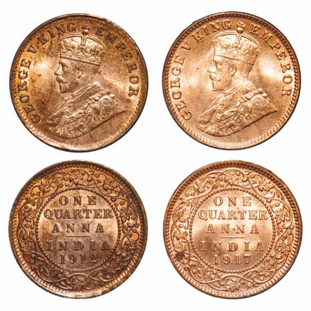 George V, Bronze, Quarter Anna, (2 coins), 1912, 1917, Calcutta Mint, No dot, Elephant. F.