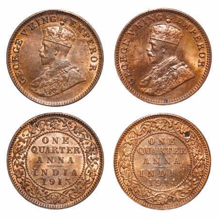 George V, Bronze, Quarter Anna, (2 coins), 1913, 1914, Calcutta Mint, No dot, Elephant. F.