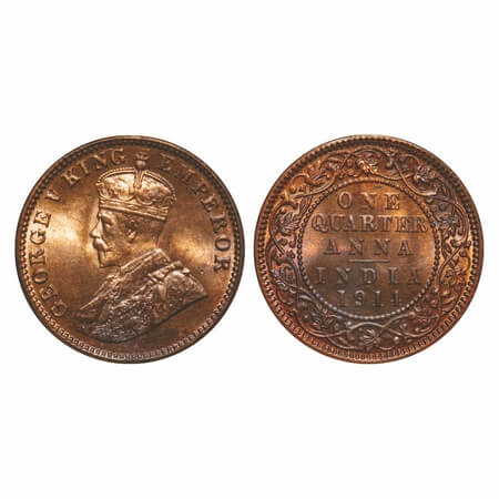 George V, Bronze, Quarter Anna, 1914, Calcutta Mint, No dot, Elephant. F. Prid 660. GK 117
