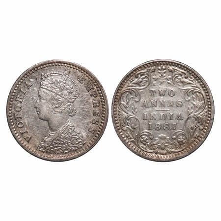 Victoria Empress, Silver, 2 Annas, 1887, Bombay Mint, B/II, 'B' incused. F. Prid 540. GK 7