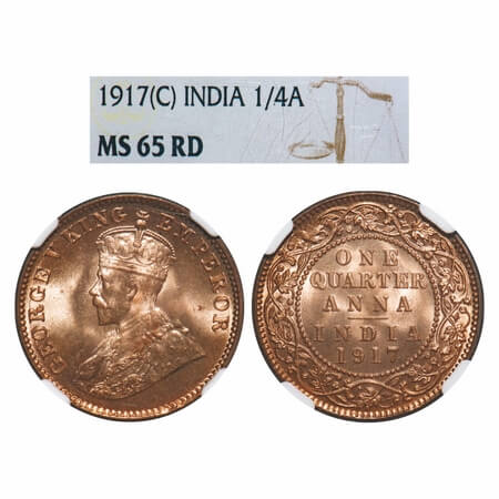 George V, Bronze, Quarter Anna, 1917, Calcutta Mint, No dot, Elephant. F. Prid 662. GK 117