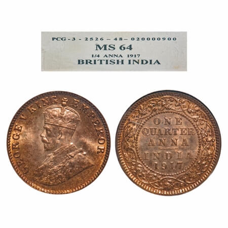 George V, Bronze, Quarter Anna, 1917, Calcutta Mint, No dot, Elephant. F. Prid 662. GK 117