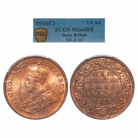 George V, Bronze, Quarter Anna, 1918, Calcutta Mint, No dot. F. Prid 663. GK 1177. PCGS Sl
