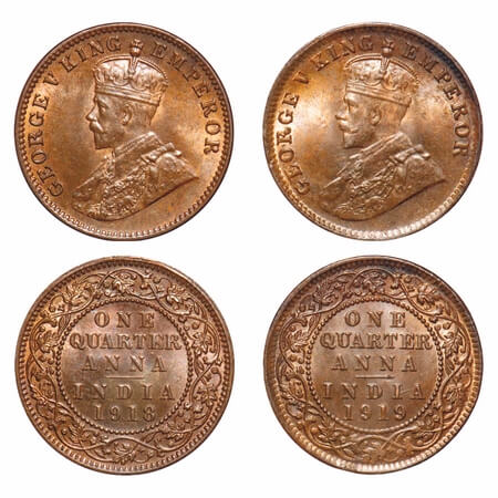George V, Bronze, Quarter Anna, (2 coins), 1918, 1919, Calcutta Mint, No dot, Elephant. F.