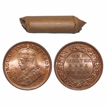 George V, Bronze, Quarter Anna, (Roll of 32 coins), 1918, Calcutta Mint, No dot, Elephant.