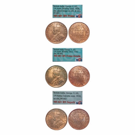 George V, Bronze, Quarter Anna, (3 Slabs), 1) 1918, Calcutta Mint, No dot, 2) 1928, Bombay