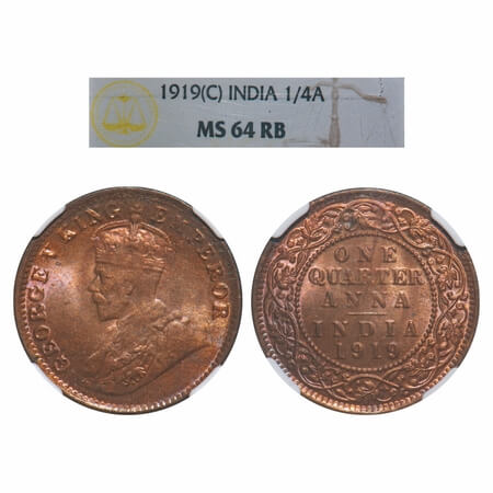 George V, Bronze, Quarter Anna, 1919, Calcutta Mint, No dot. F. Prid 664. GK 1178. NGC Sla