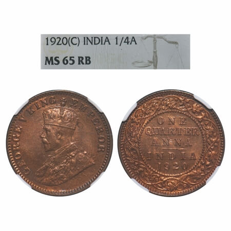 George V, Bronze, Quarter Anna, 1920, Calcutta Mint, No dot. F. Prid 665. GK 1179. NGC Sla