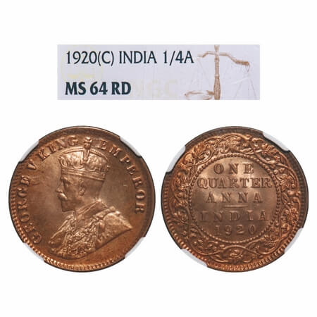 George V, Bronze, Quarter Anna, 1920, Calcutta Mint, No dot, Elephant. F. Prid 665. GK 117