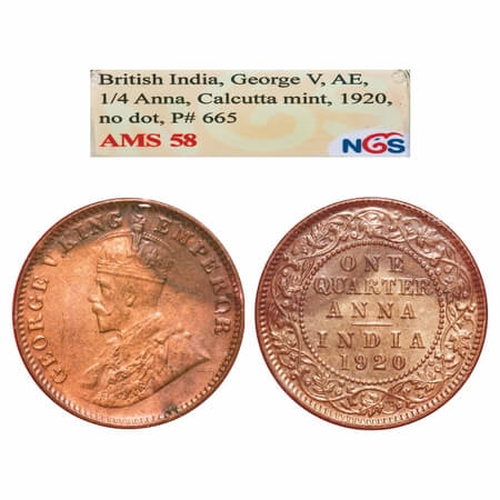 George V, Bronze, Quarter Anna, 1920, Calcutta Mint, No dot, Elephant. F. Prid 665. GK 117