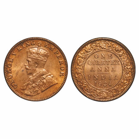 George V, Bronze, Quarter Anna, 1924, Bombay Mint, Dot, Elephant. F. Prid 677. GK 1180. Br