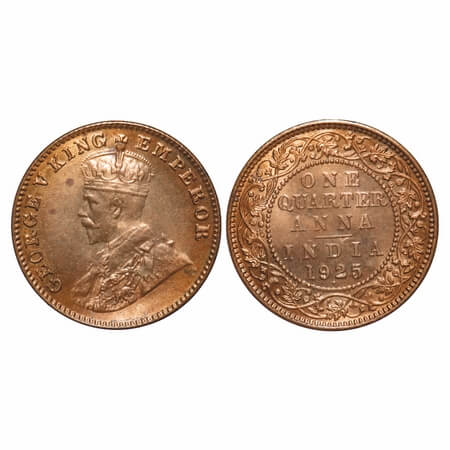 George V, Bronze, Quarter Anna, 1925, Bombay Mint, Dot, Elephant. F. Prid 678. GK 1181. Br