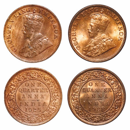 George V, Bronze, Quarter Anna, (2 coins), 1) 1925, Bombay Mint, Dot, Elephant, 2) 1928, C