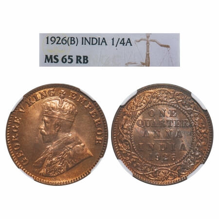 George V, Bronze, Quarter Anna, 1926, Bombay Mint, Dot. F. Prid 679. GK 1183. NGC Slabbed 