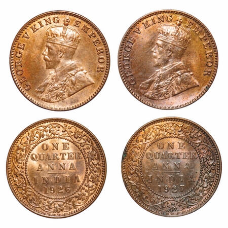 George V, Bronze, Quarter Anna, (2 coins), 1926, 1927, Bombay Mint, Dot, Elephant. F. Prid
