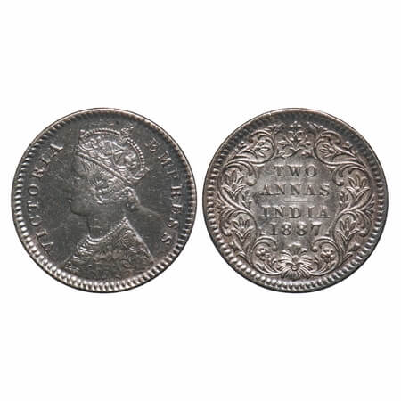 Victoria Empress, Silver, 2 Annas, 1887, Calcutta Mint, B/II, 'C' incused. F. Prid 502. GK