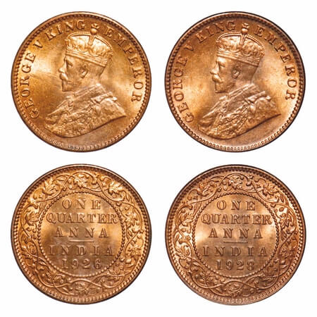 George V, Bronze, Quarter Anna, (2 coins), 1926, 1928, Calcutta Mint, No dot, Elephant. F.