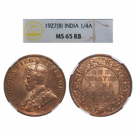 George V, Bronze, Quarter Anna, 1927, Bombay Mint, Dot. F. Prid 680. GK 1185. NGC Slabbed 