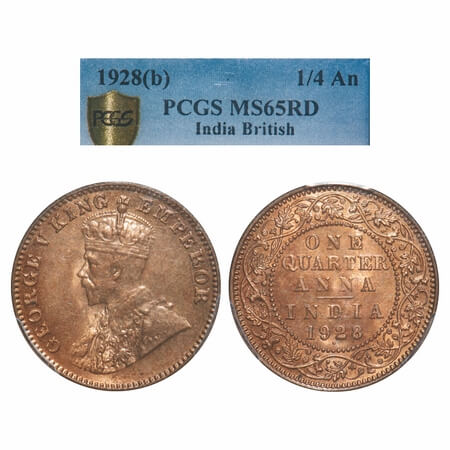 George V, Bronze, Quarter Anna, 1928, Bombay Mint, Dot. F. Prid 681. GK 1187. PCGS Slabbed