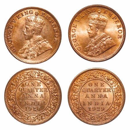 George V, Bronze, Quarter Anna, (2 coins), 1) 1928, Bombay Mint, Dot, Elephant, 2) 1929, C