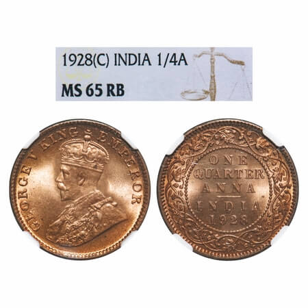 George V, Bronze, Quarter Anna, 1928, Calcutta Mint, No dot, Elephant. F. Prid 669. GK 118